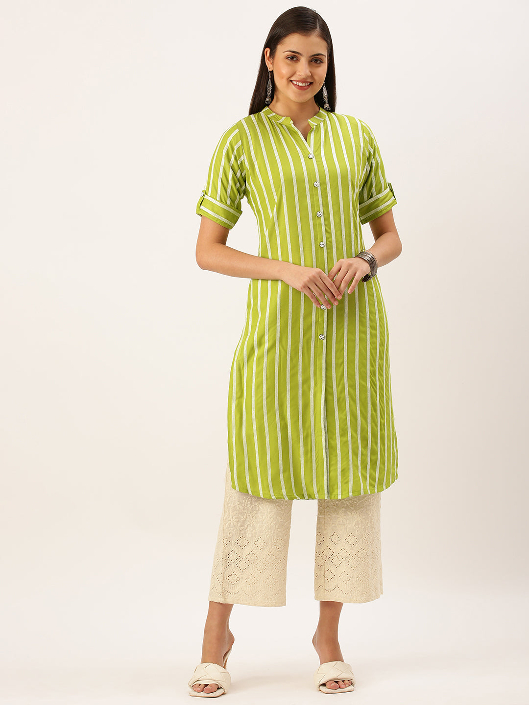 Women's Green Striped Straight Kurta