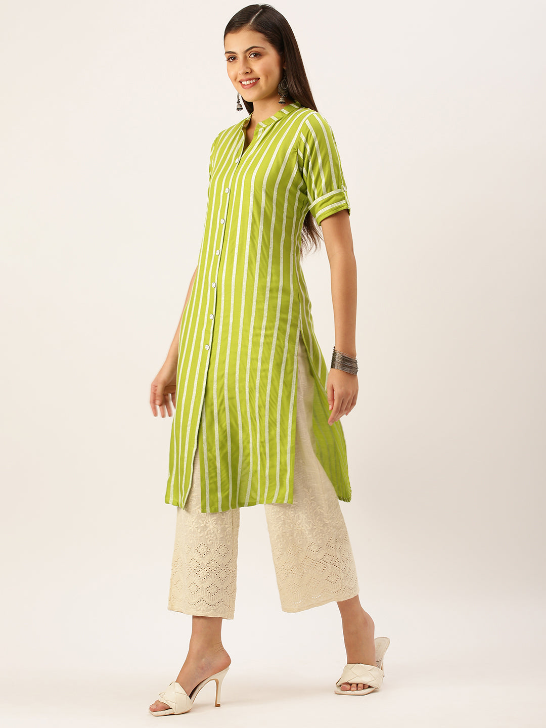 Women's Green Striped Straight Kurta