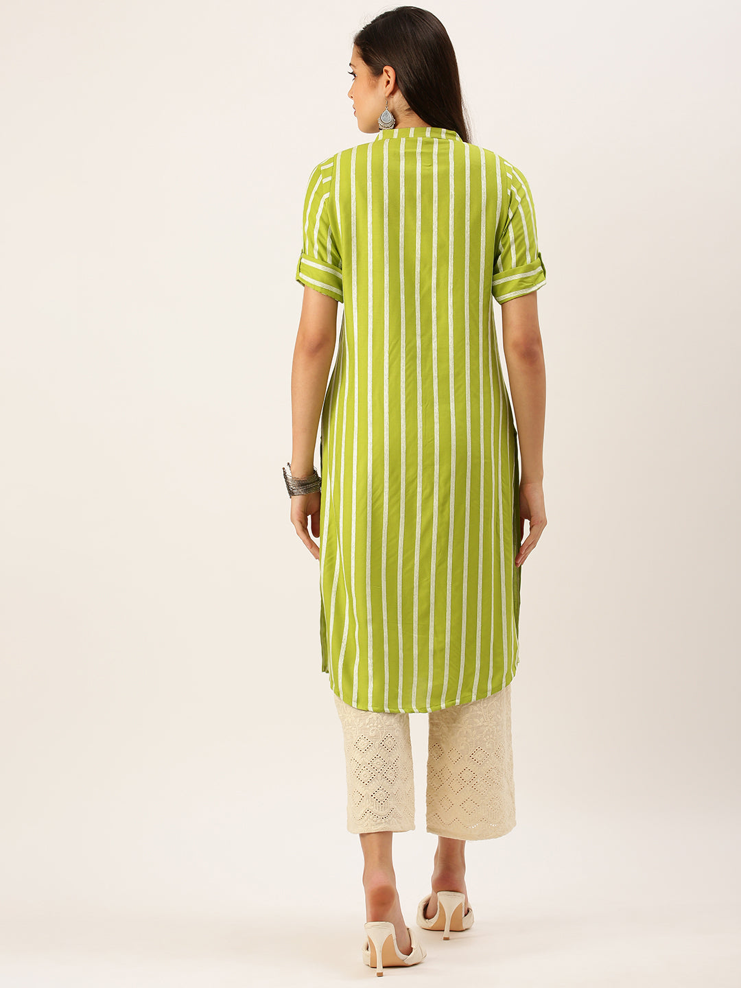 Women's Green Striped Straight Kurta