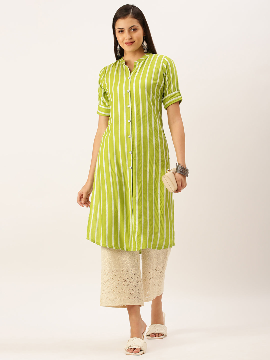 Women's Green Striped Straight Kurta