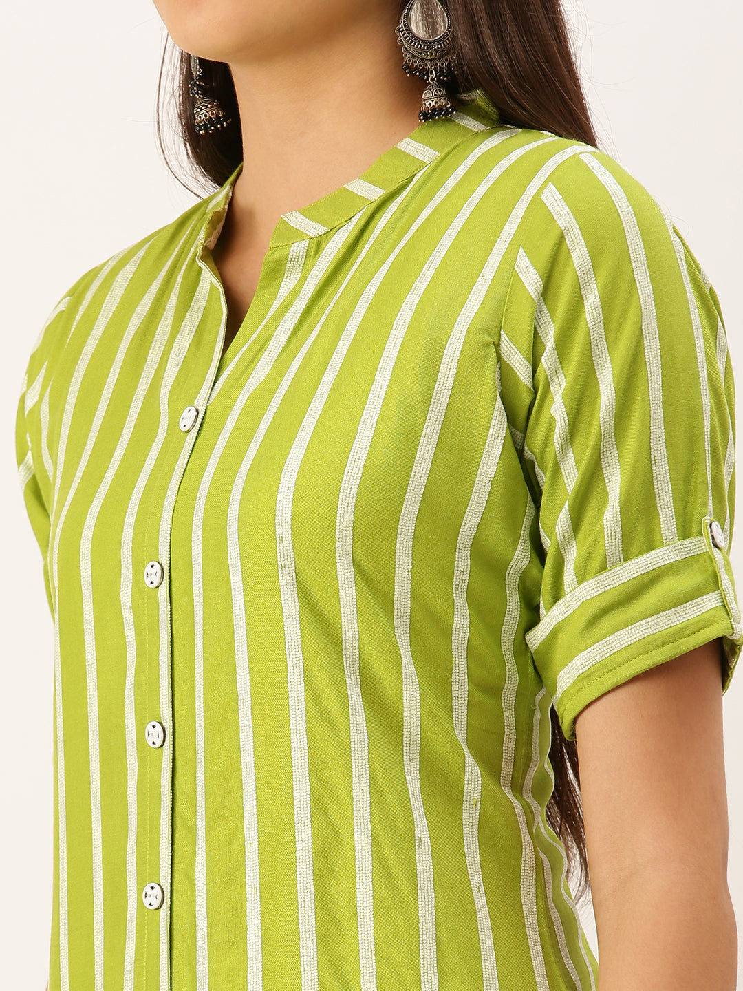 Women's Green Striped Straight Kurta