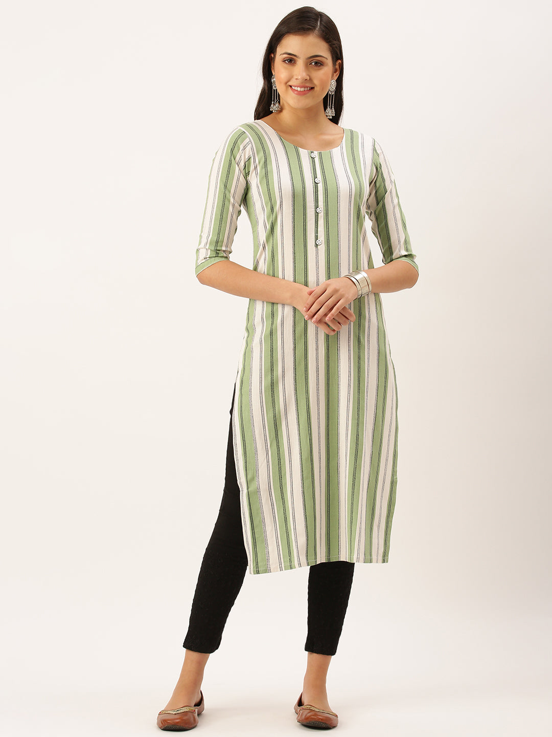 Women's Green Striped Straight Kurta