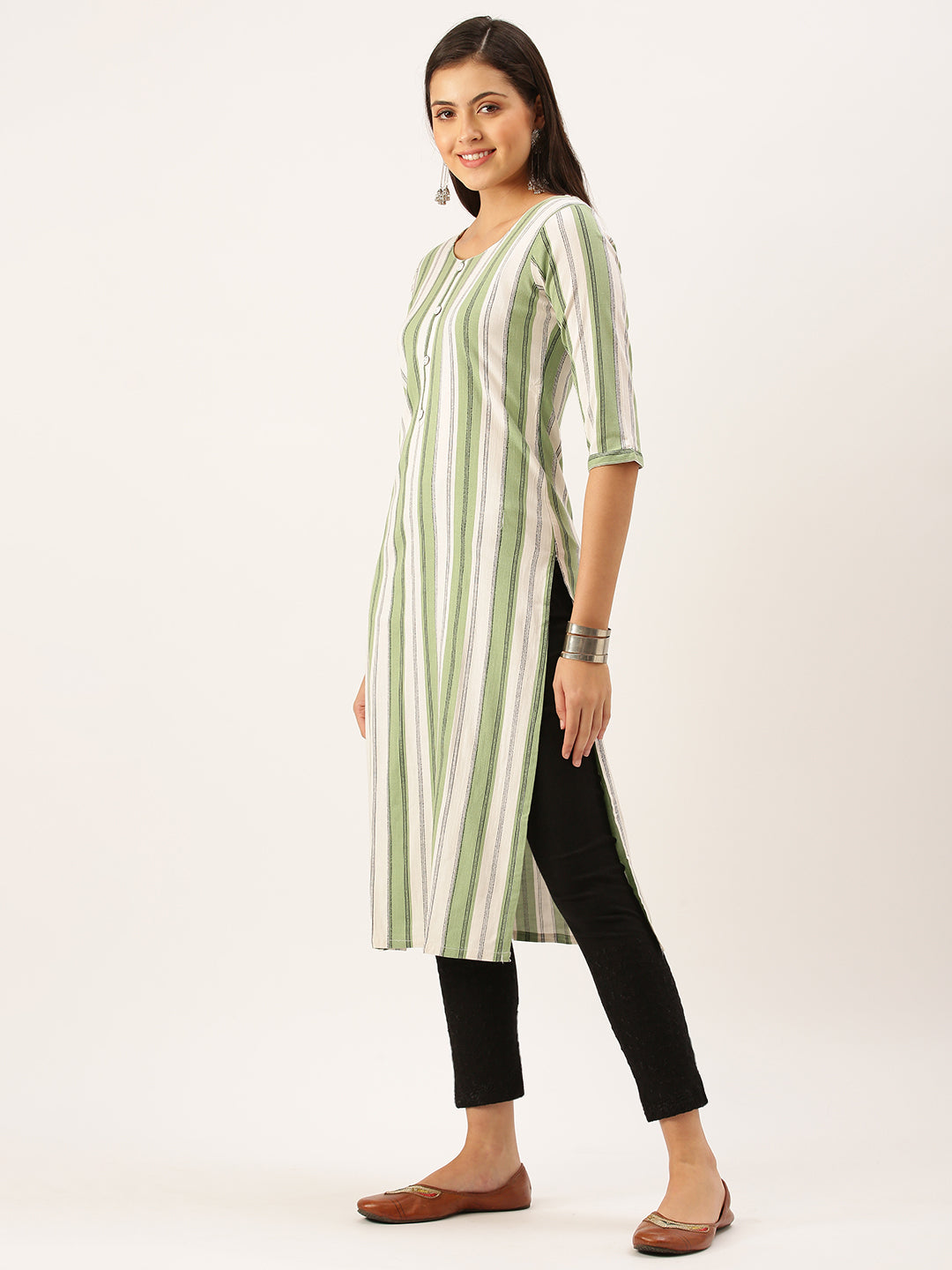 Women's Green Striped Straight Kurta