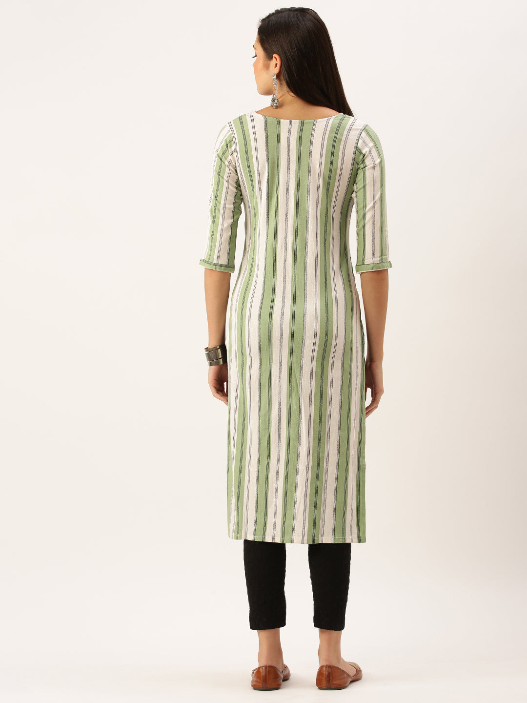 Women's Green Striped Straight Kurta