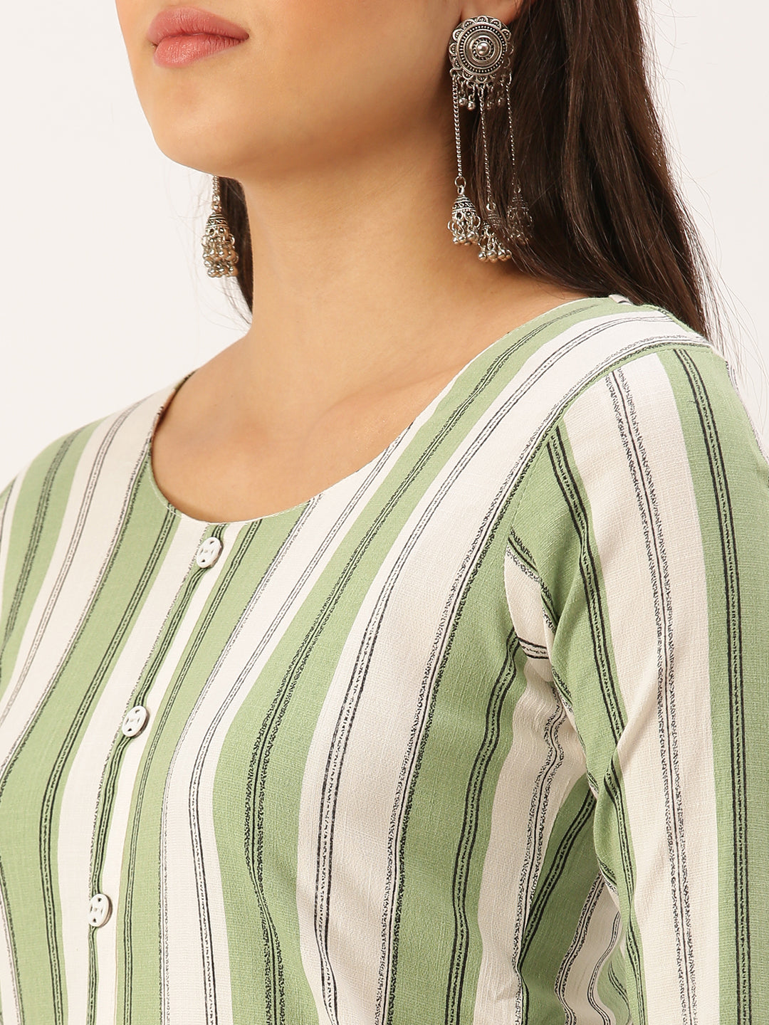 Women's Green Striped Straight Kurta