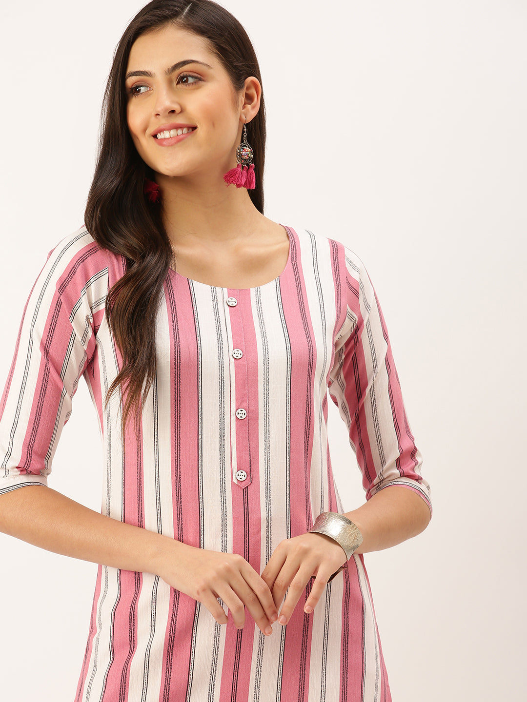 Women's Pink Striped Straight Kurta