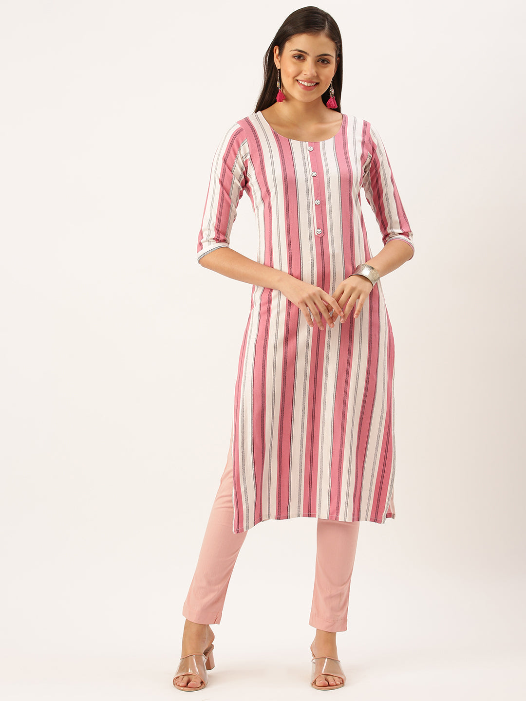 Women's Pink Striped Straight Kurta