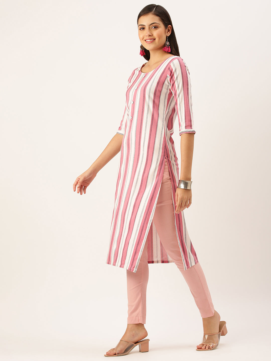 Women's Pink Striped Straight Kurta