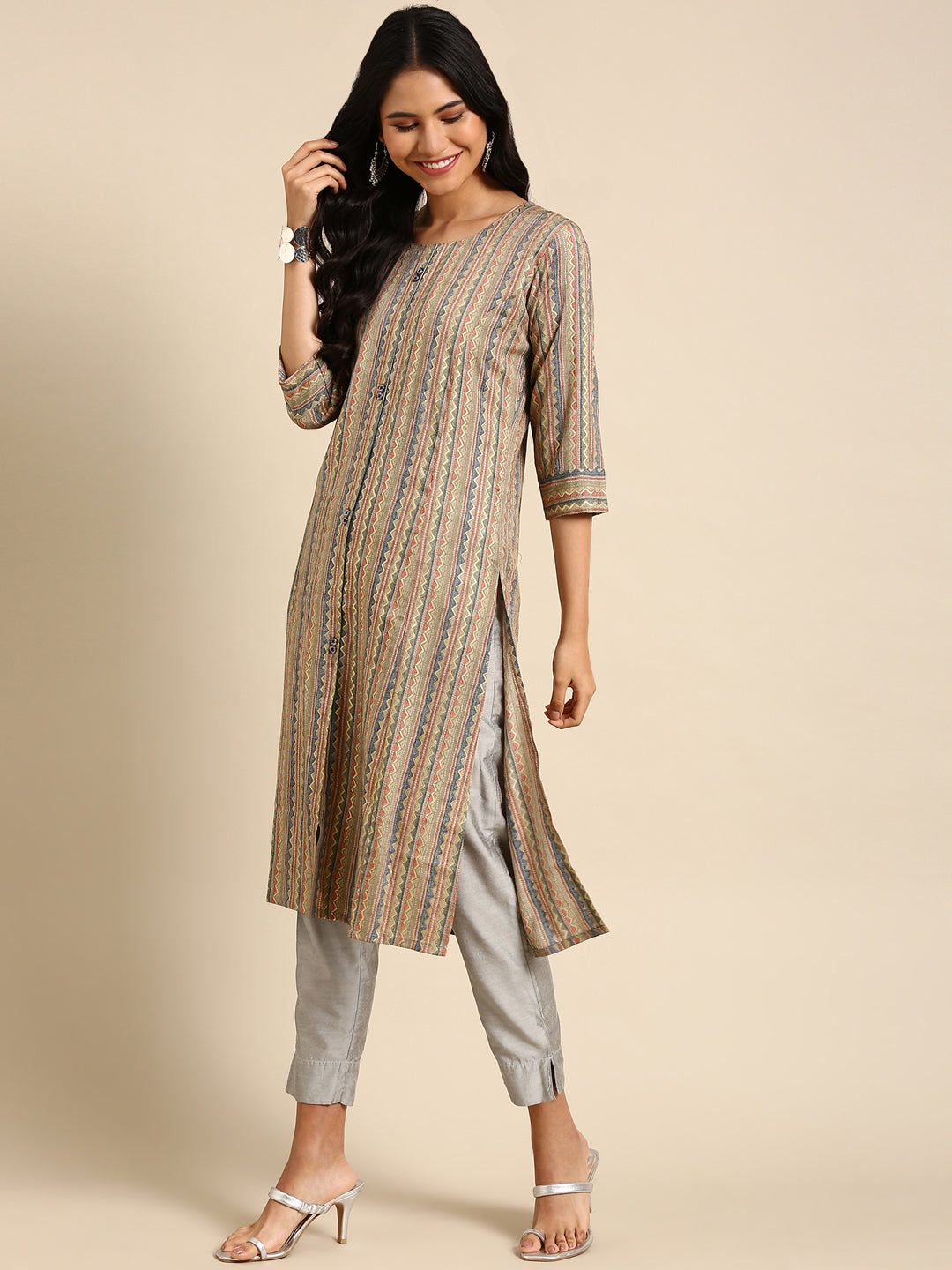 Women's Green Striped Straight Kurta