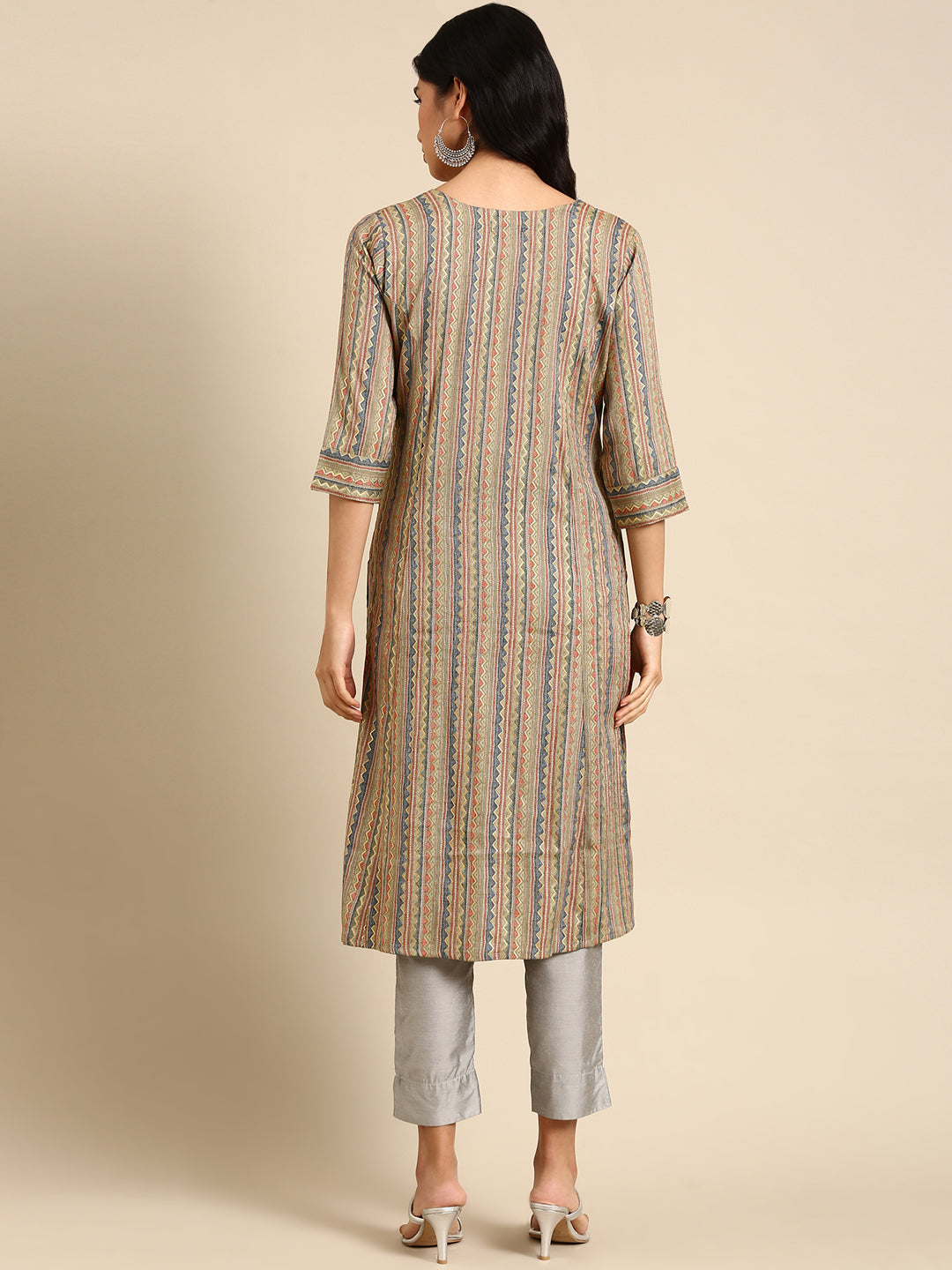 Women's Green Striped Straight Kurta