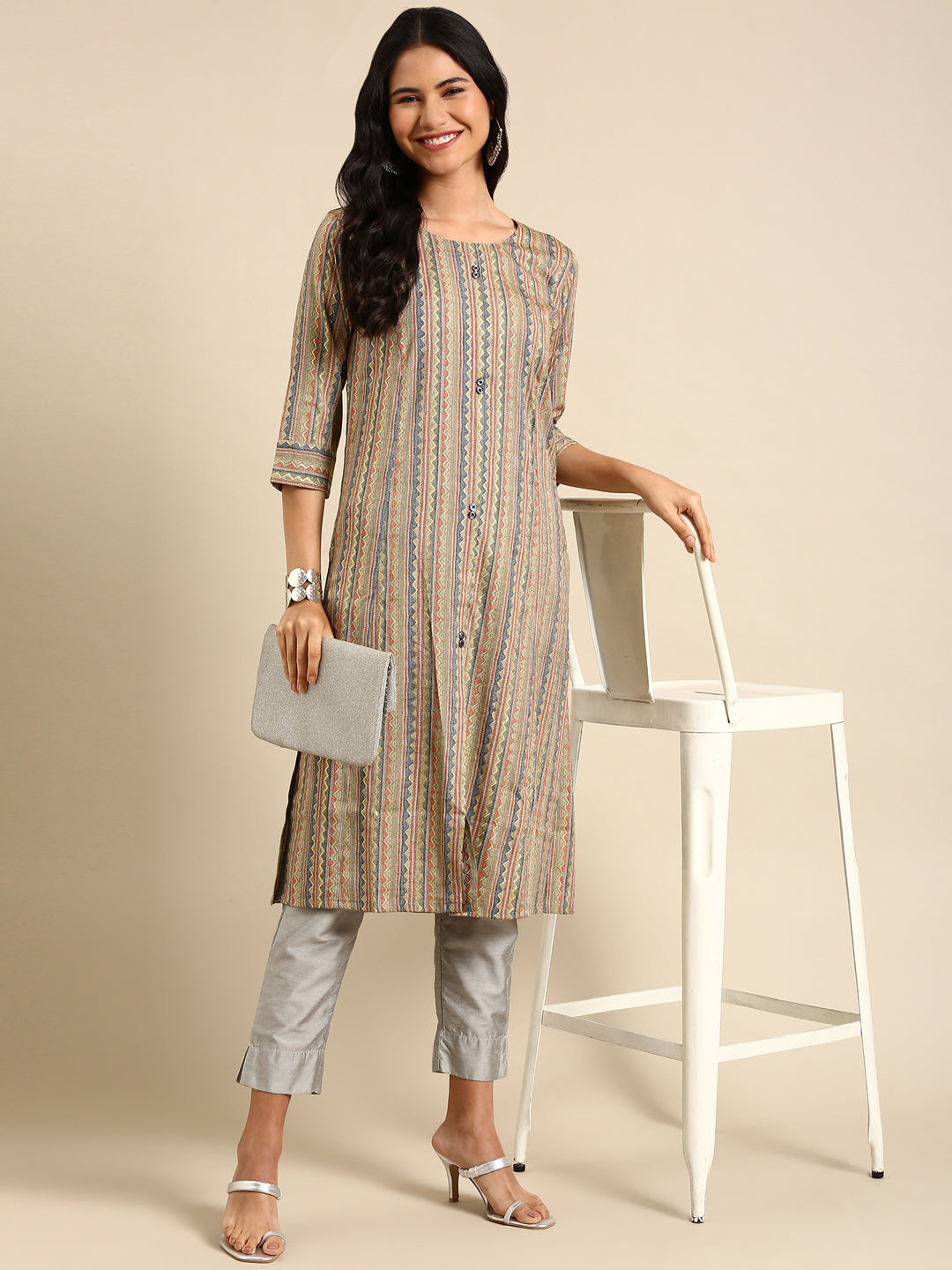 Women's Green Striped Straight Kurta