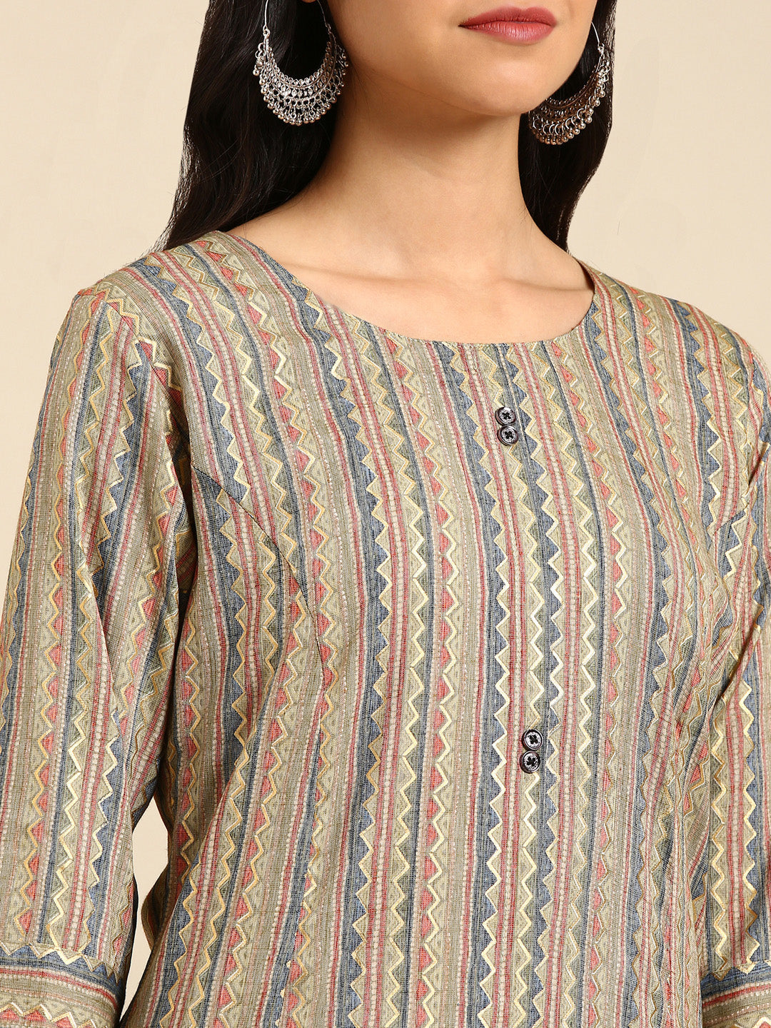 Women's Green Striped Straight Kurta