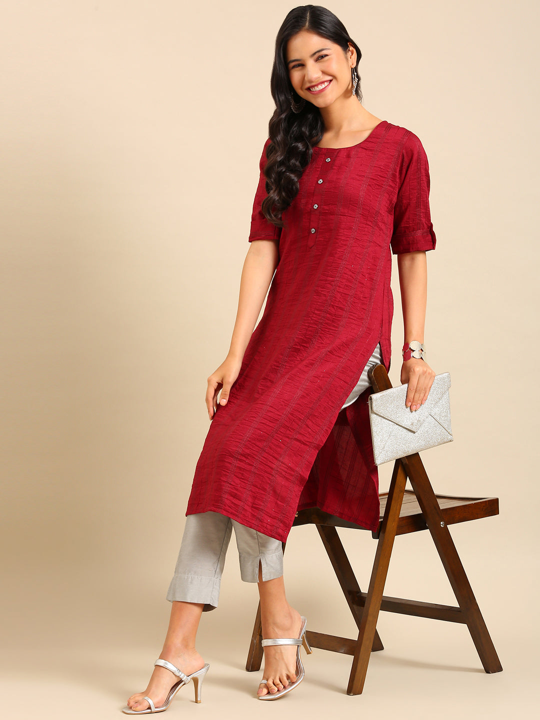 Women's Maroon Solid Straight Kurta