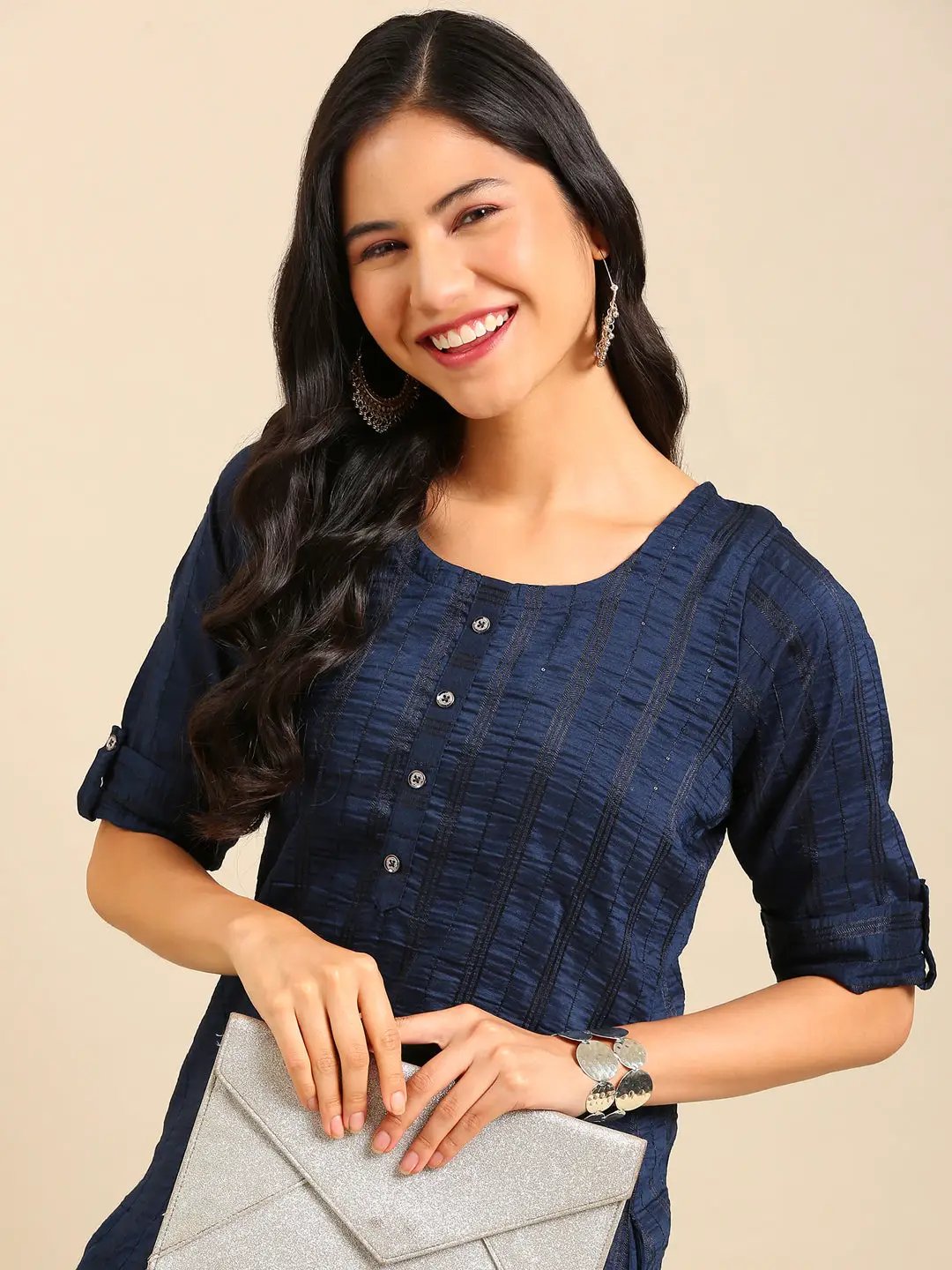 Women's Navy Blue Embellished Straight Kurta