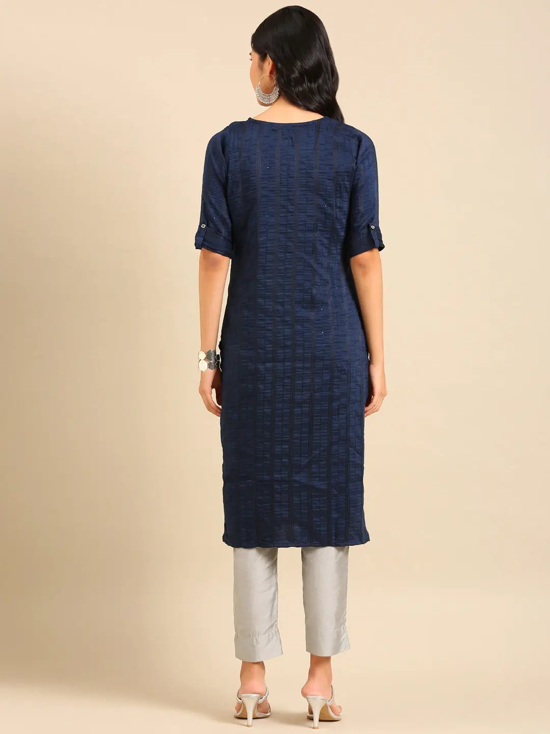 Women's Navy Blue Embellished Straight Kurta