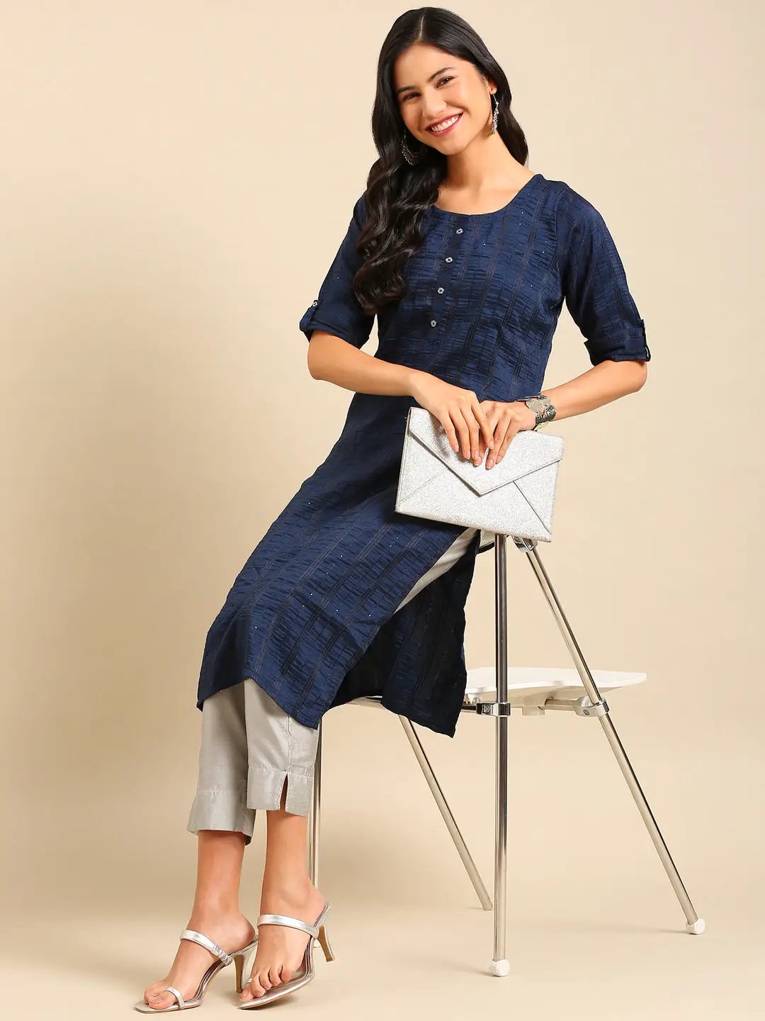 Women's Navy Blue Embellished Straight Kurta