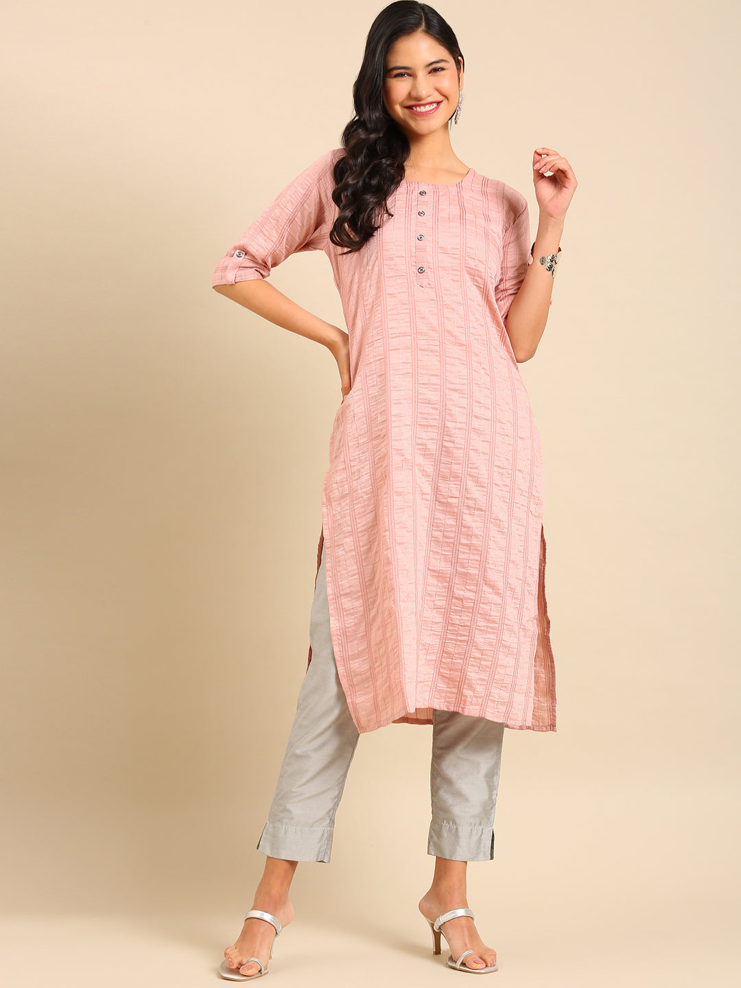 Women's Pink Embellished Straight Kurta