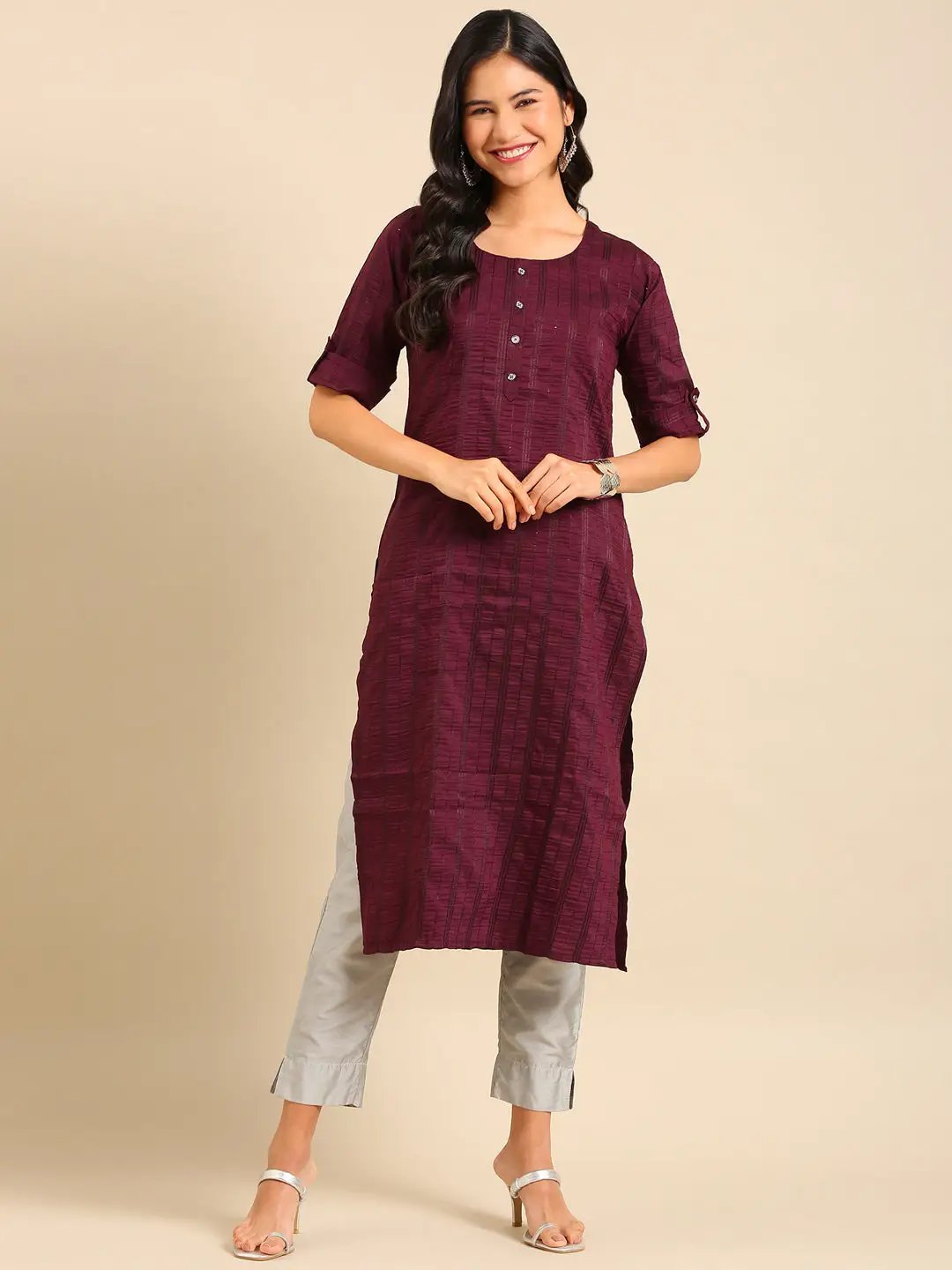 Women's Violet Embellished Straight Kurta