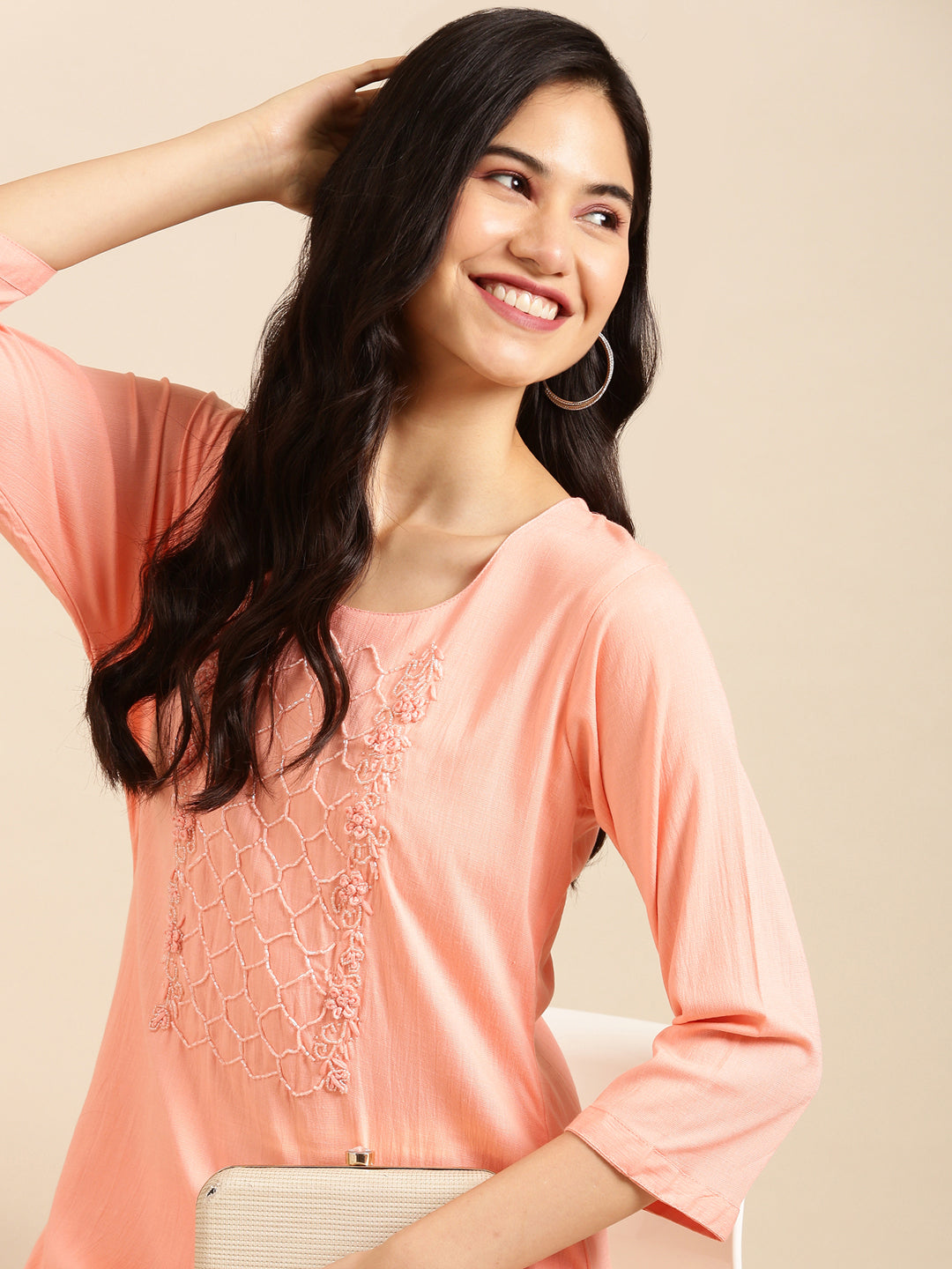 Women's Peach Solid  Kurta Set