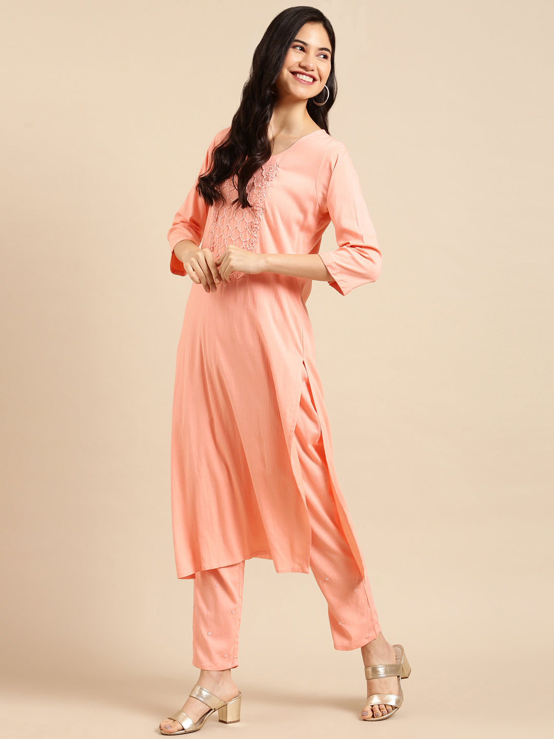 Women's Peach Solid  Kurta Set