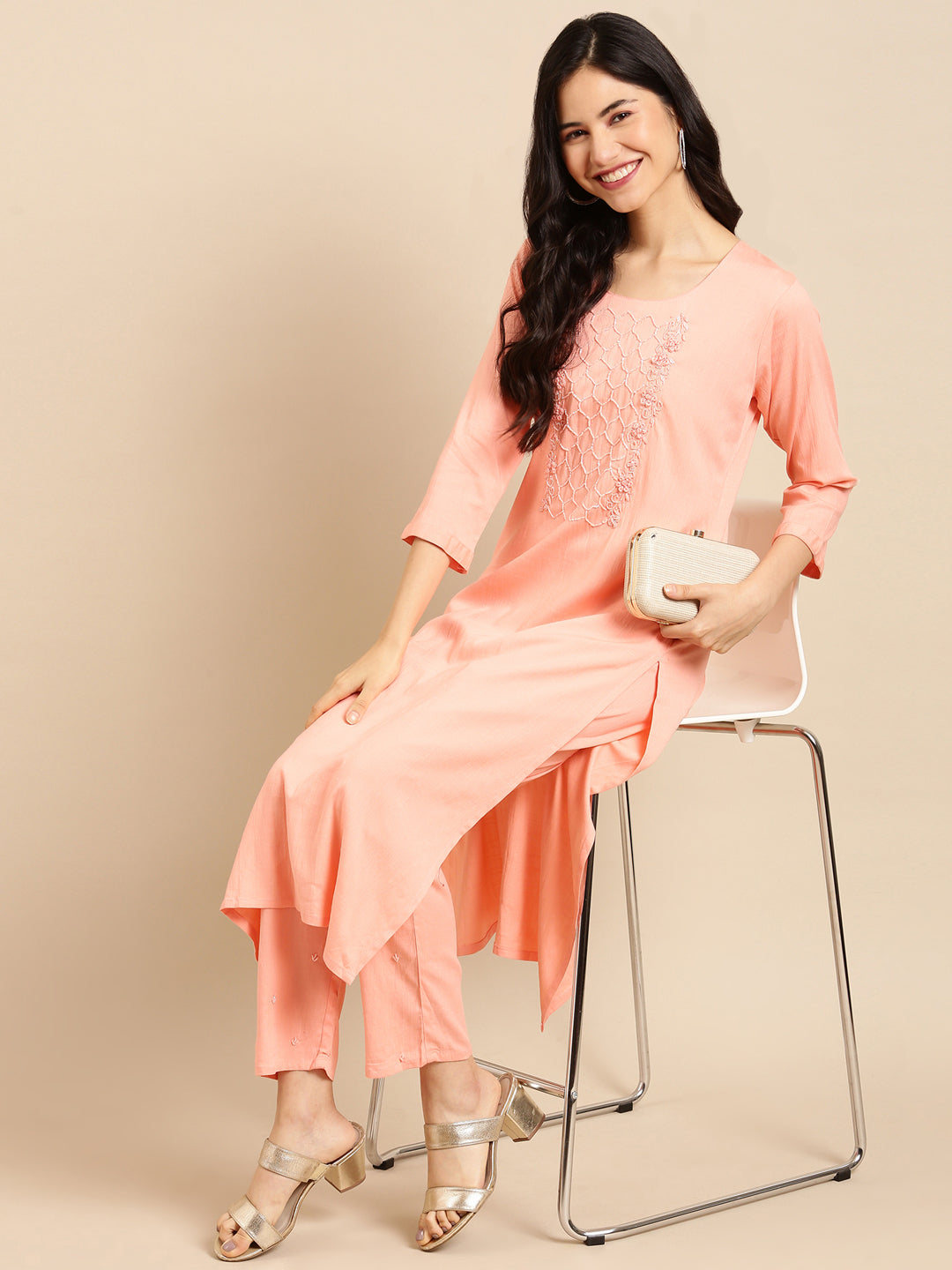 Women's Peach Solid  Kurta Set