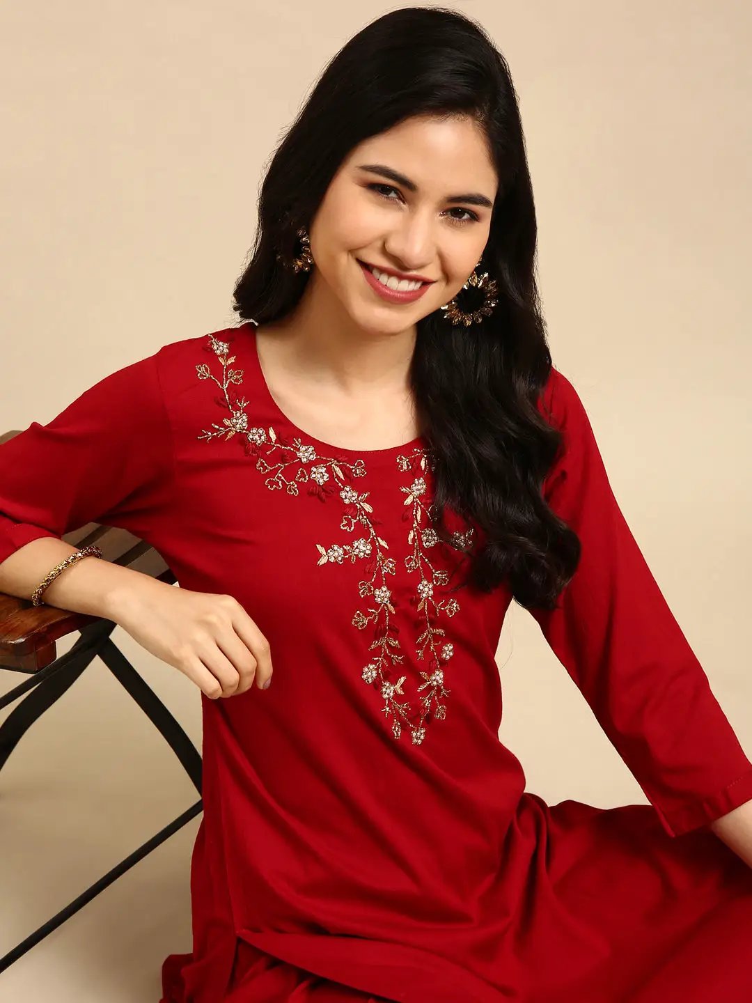 Women's Red Solid Kurta Set