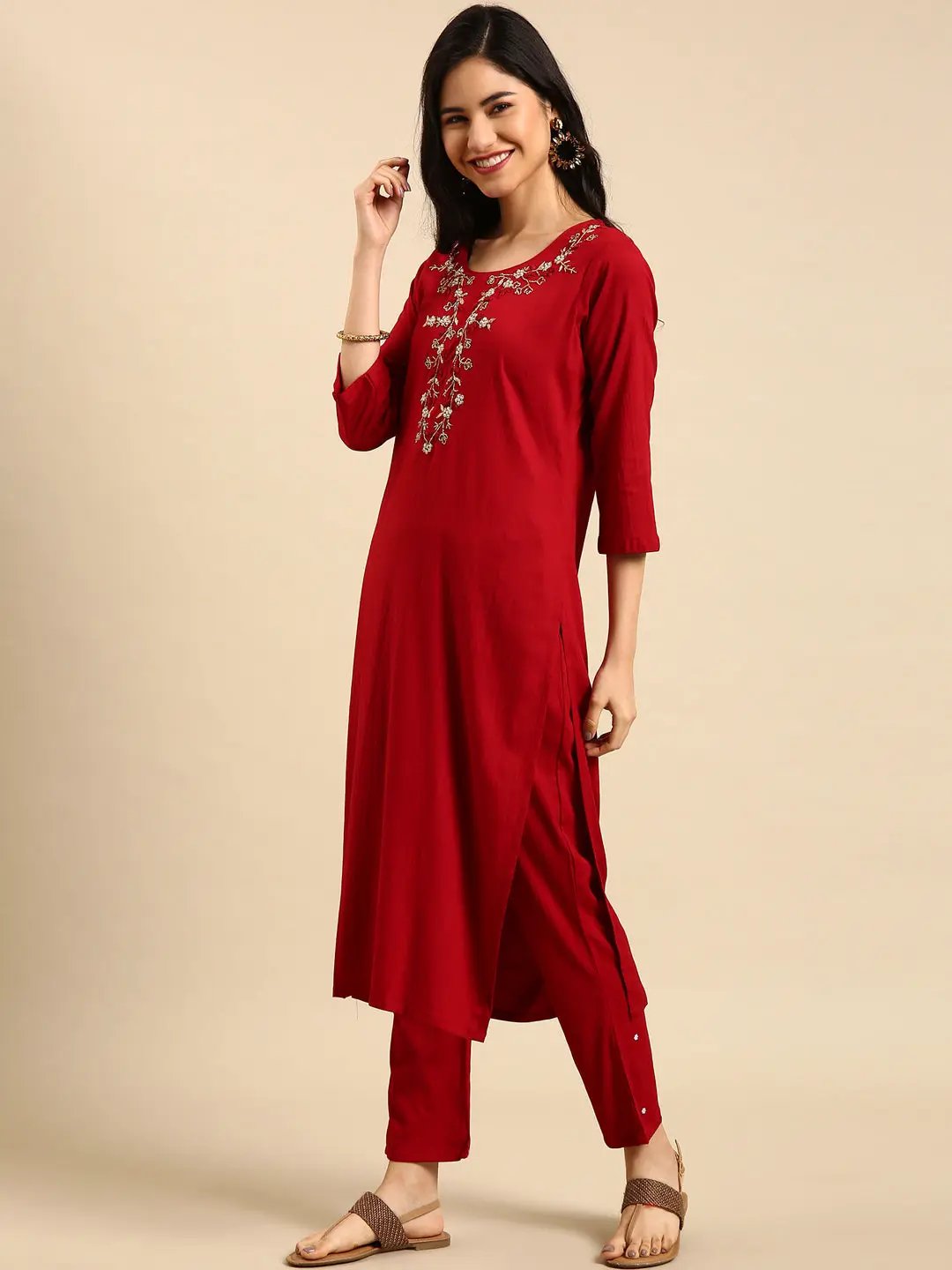 Women's Red Solid Kurta Set