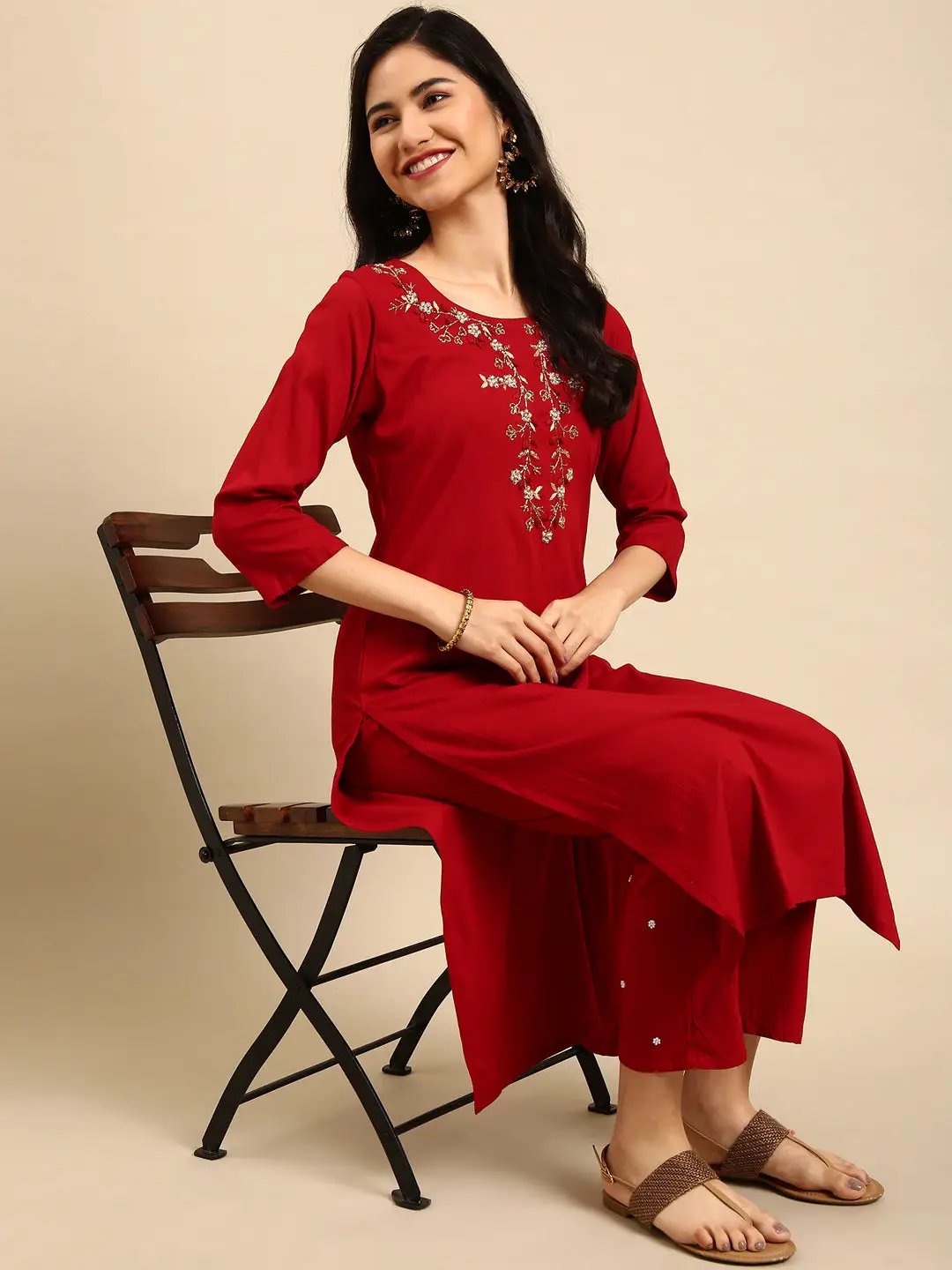 Women's Red Solid Kurta Set