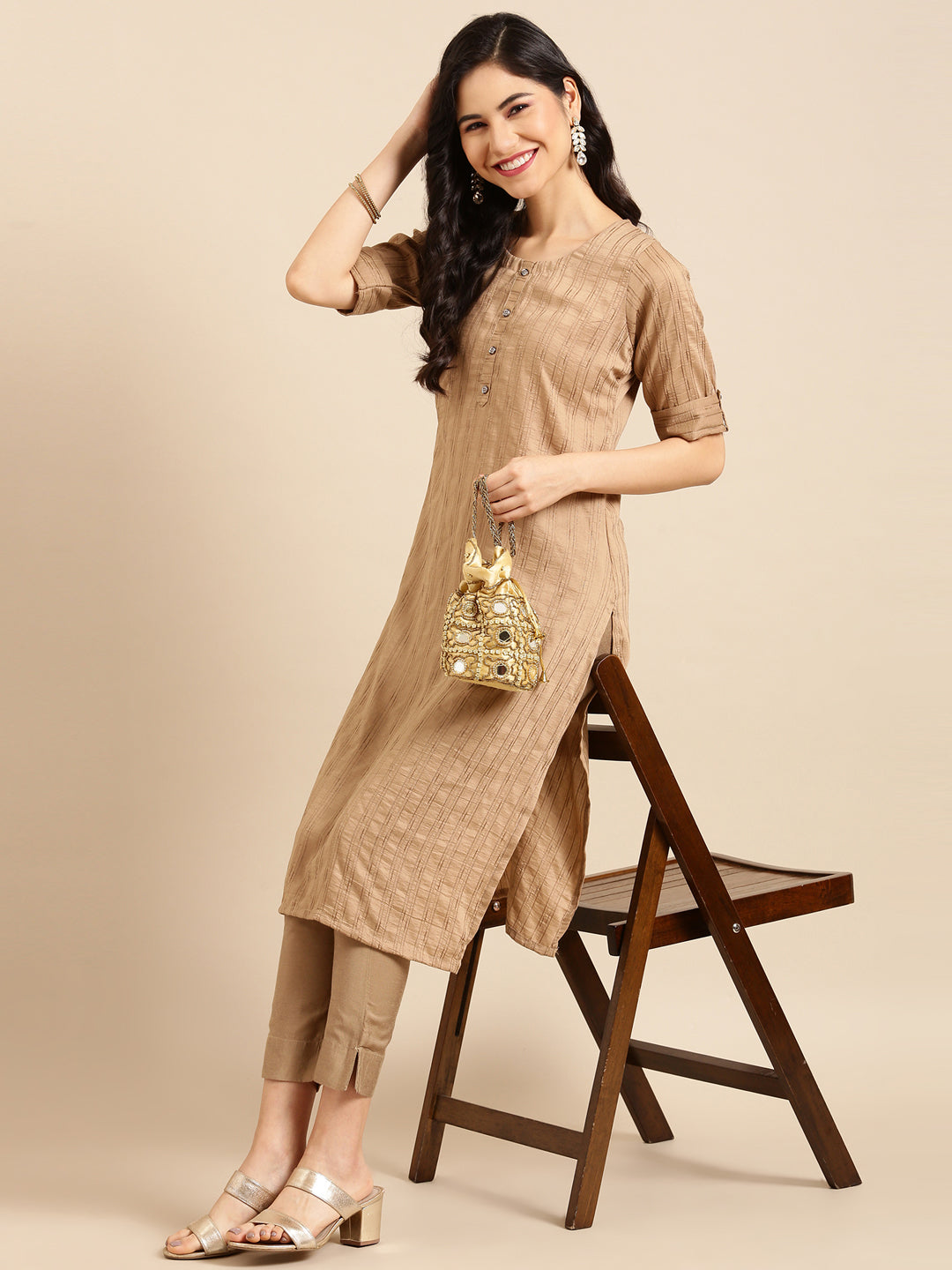 Women's Brown Solid Straight Kurta