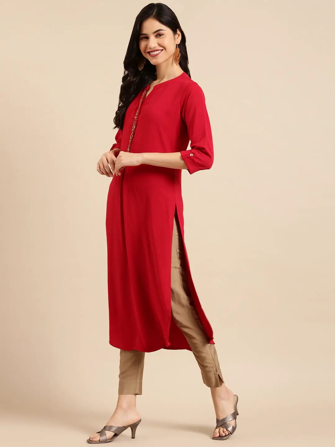 Women's Red Embellished Straight Kurta