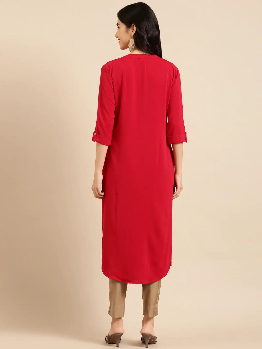 Women's Red Embellished Straight Kurta