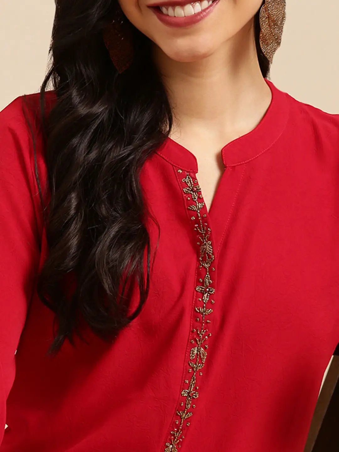 Women's Red Embellished Straight Kurta