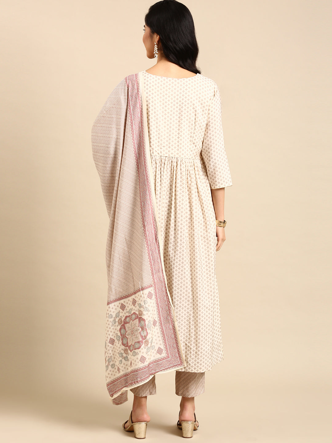 Women's Beige Printed  Kurta Set