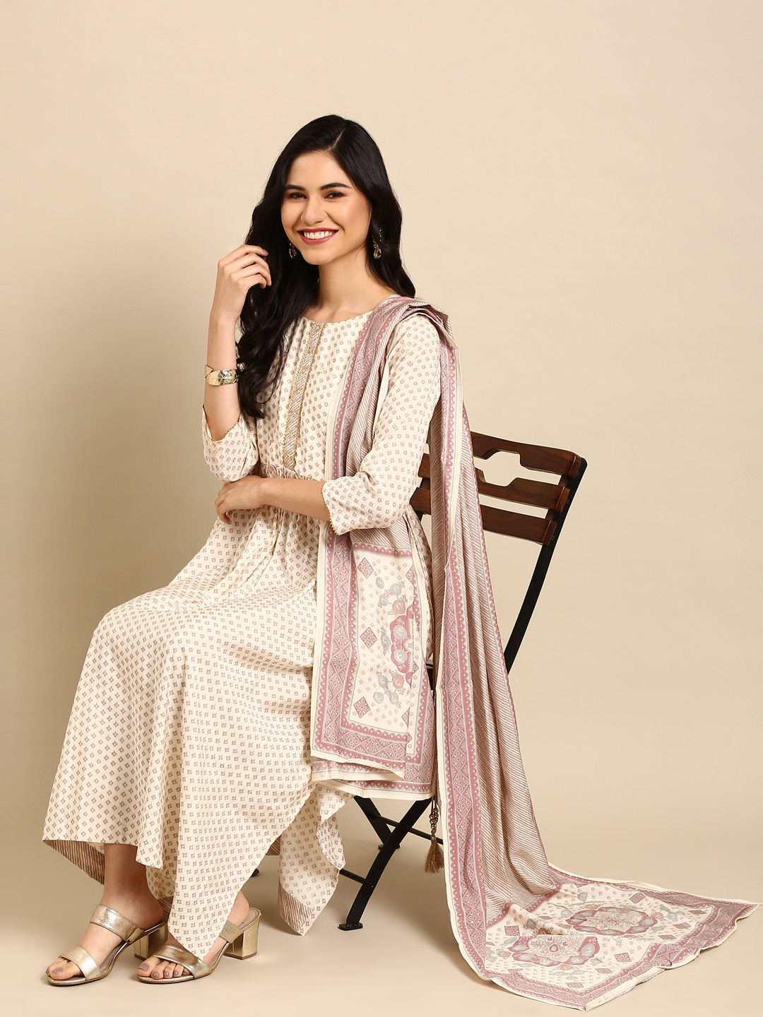 Women's Beige Printed  Kurta Set