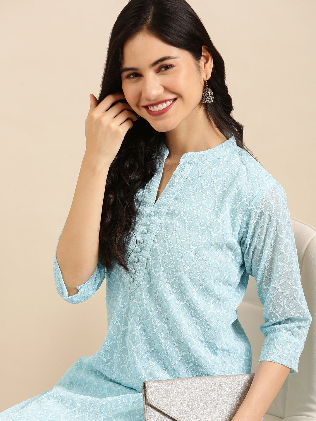 Women's Blue Embroidered Straight Kurta