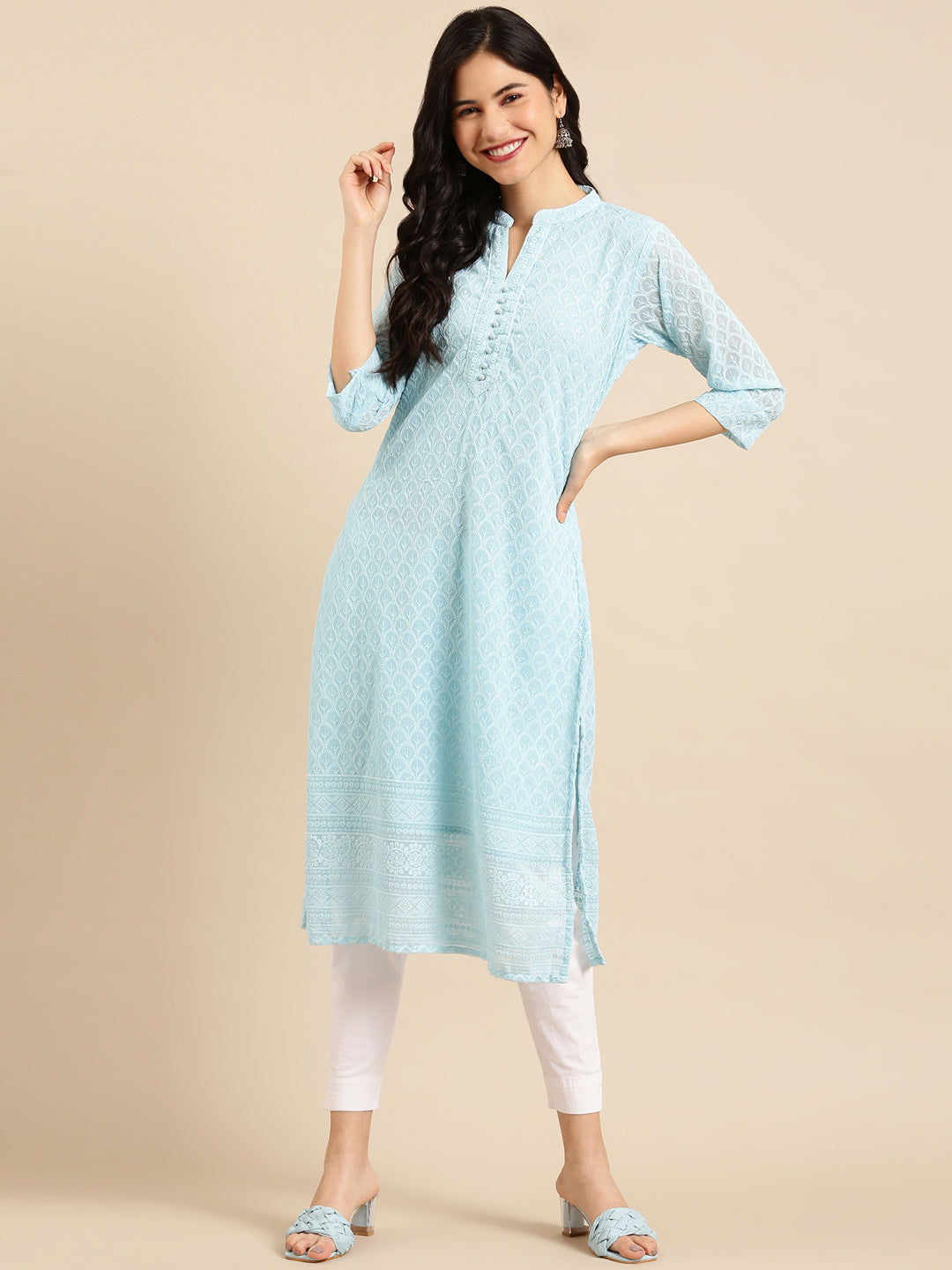 Women's Blue Embroidered Straight Kurta