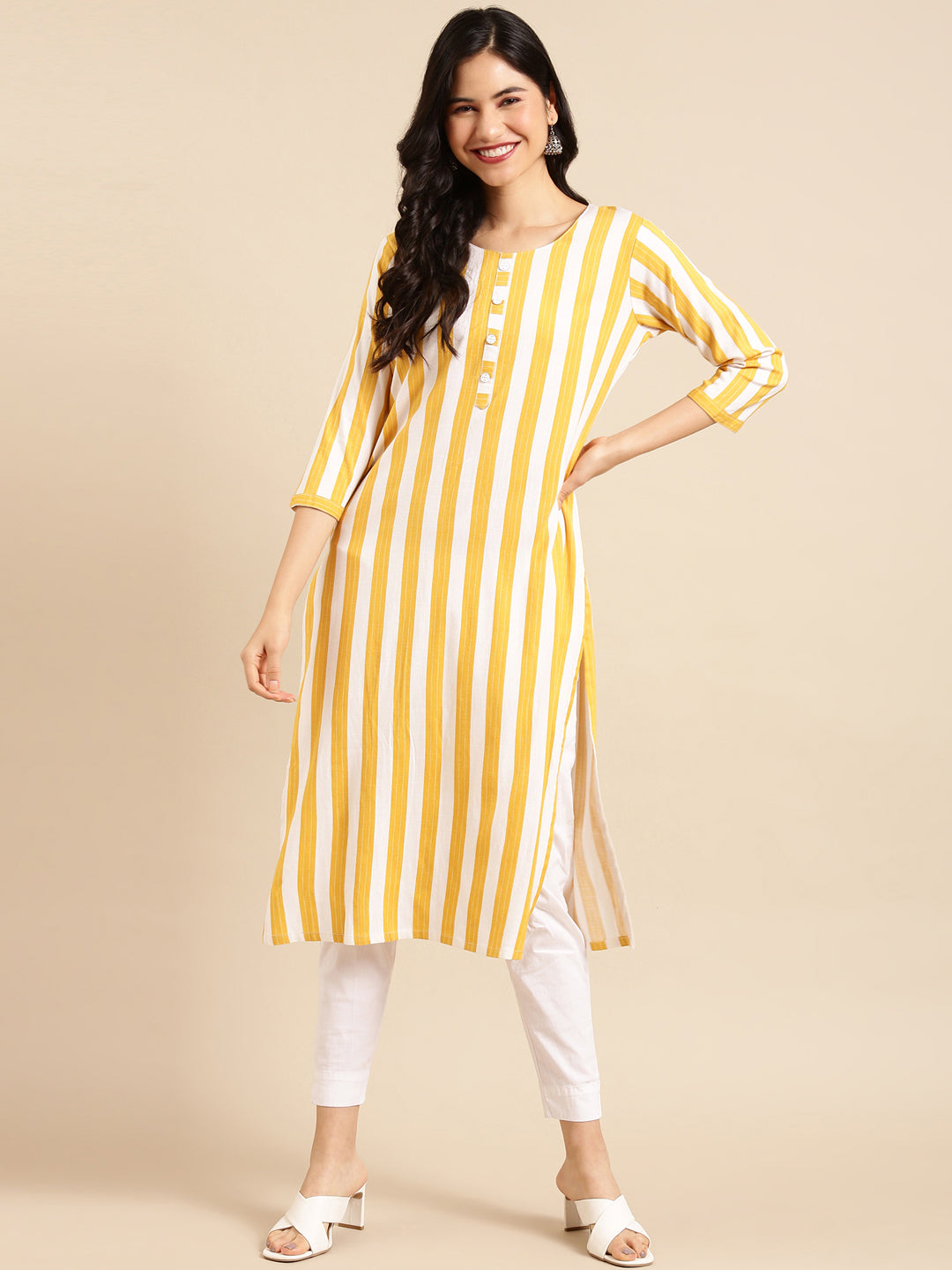 Women's Mustard Striped Straight Kurta