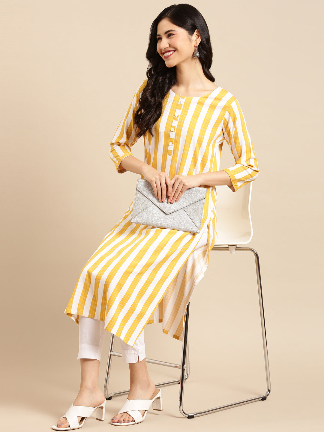 Women's Mustard Striped Straight Kurta