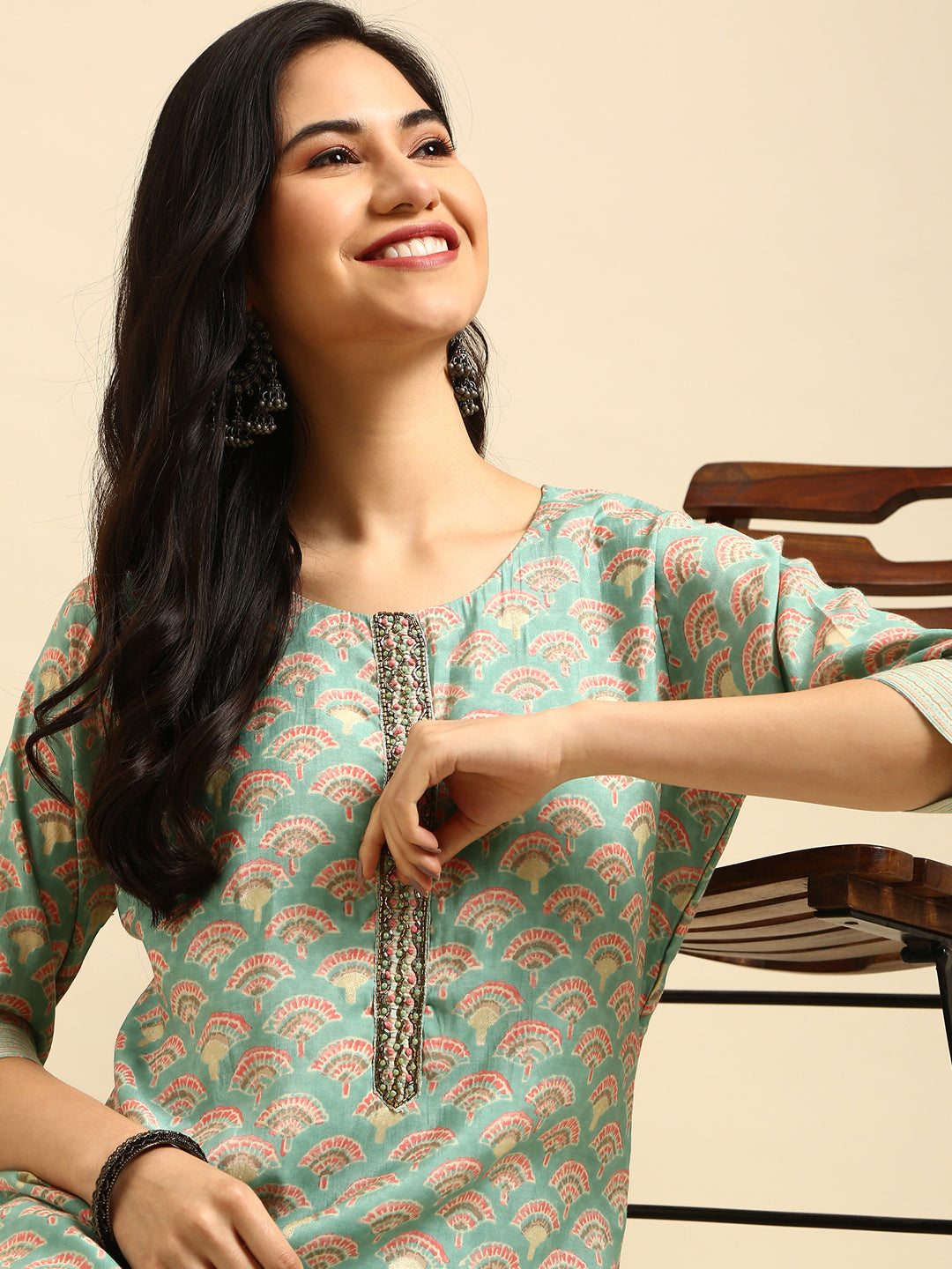 Women's Sea Green Ethnic Motifs Printed Beads and Stones Kurta Set