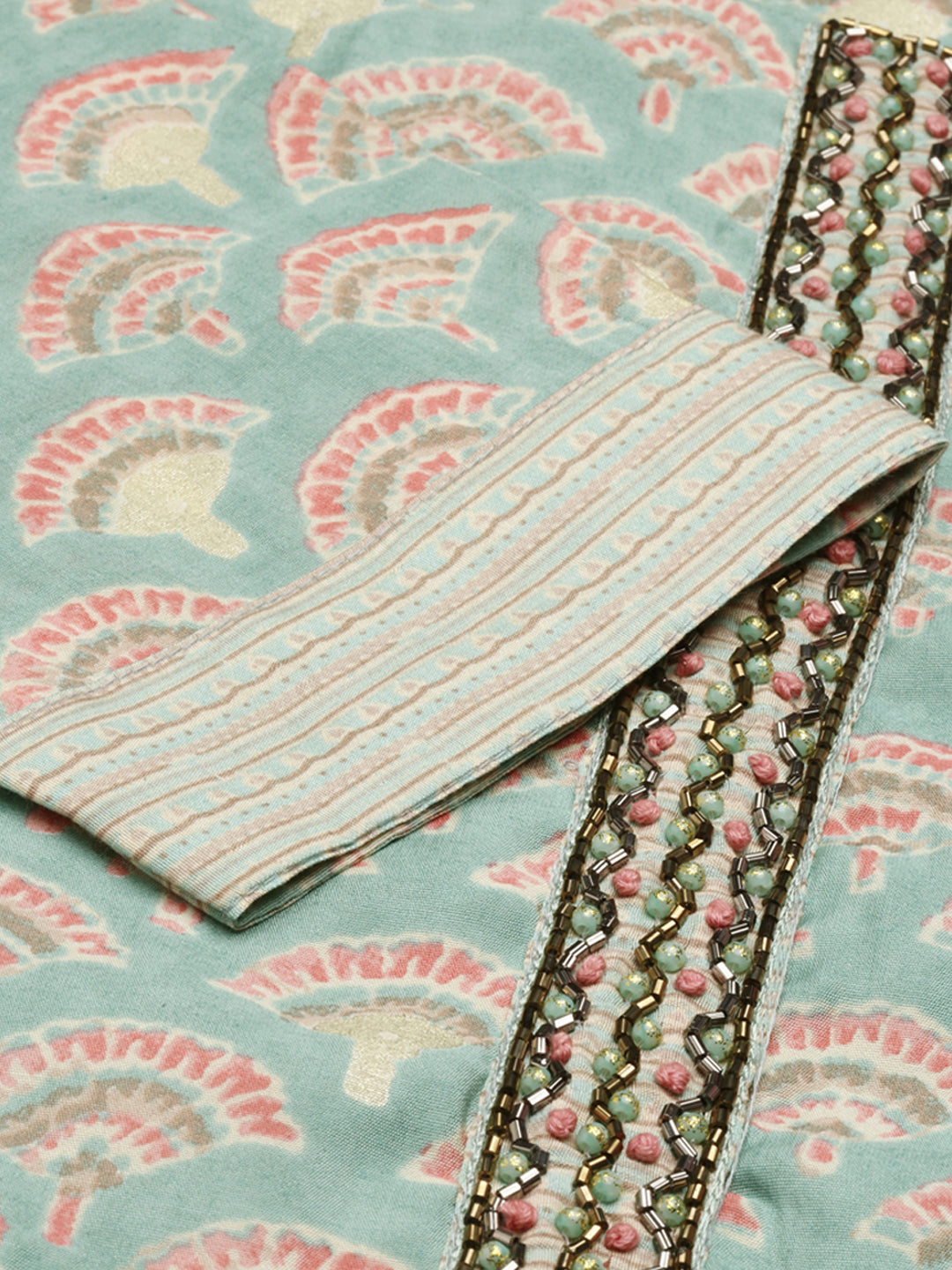 Women's Sea Green Ethnic Motifs Printed Beads and Stones Kurta Set