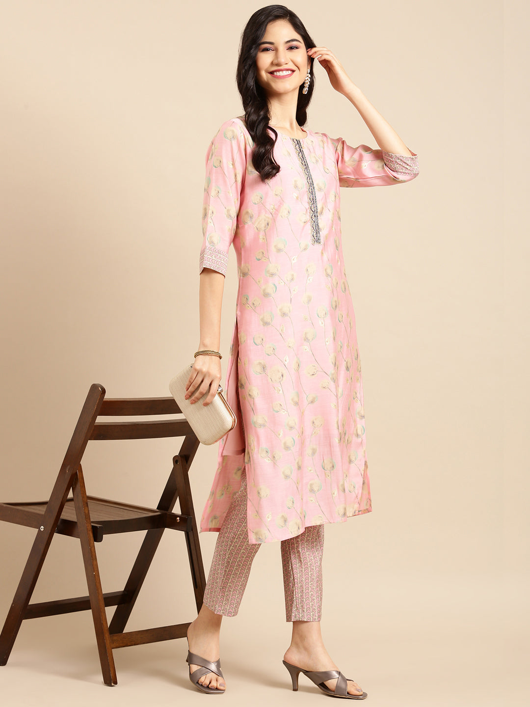 Women's Pink Printed  Kurta Set