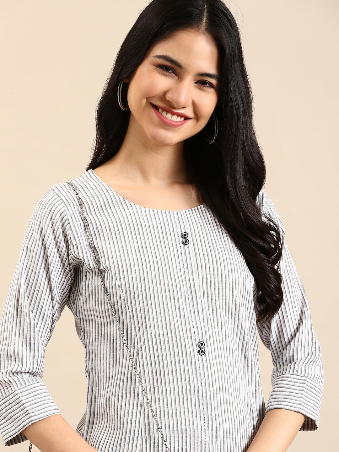 Women's White Striped Straight Kurta