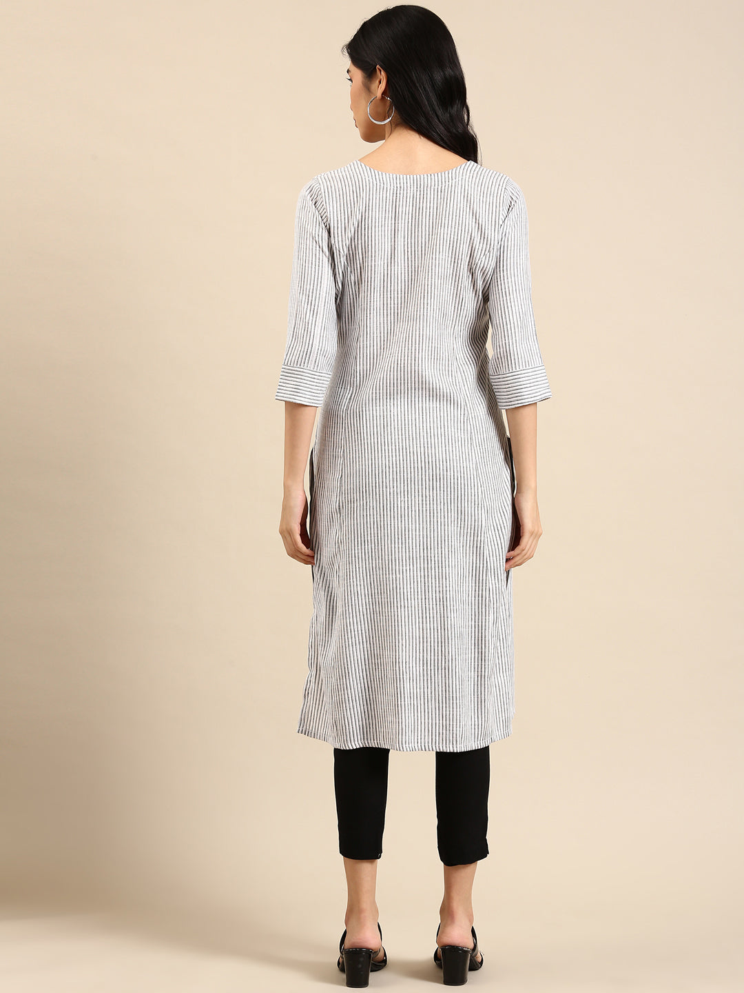 Women's White Striped Straight Kurta