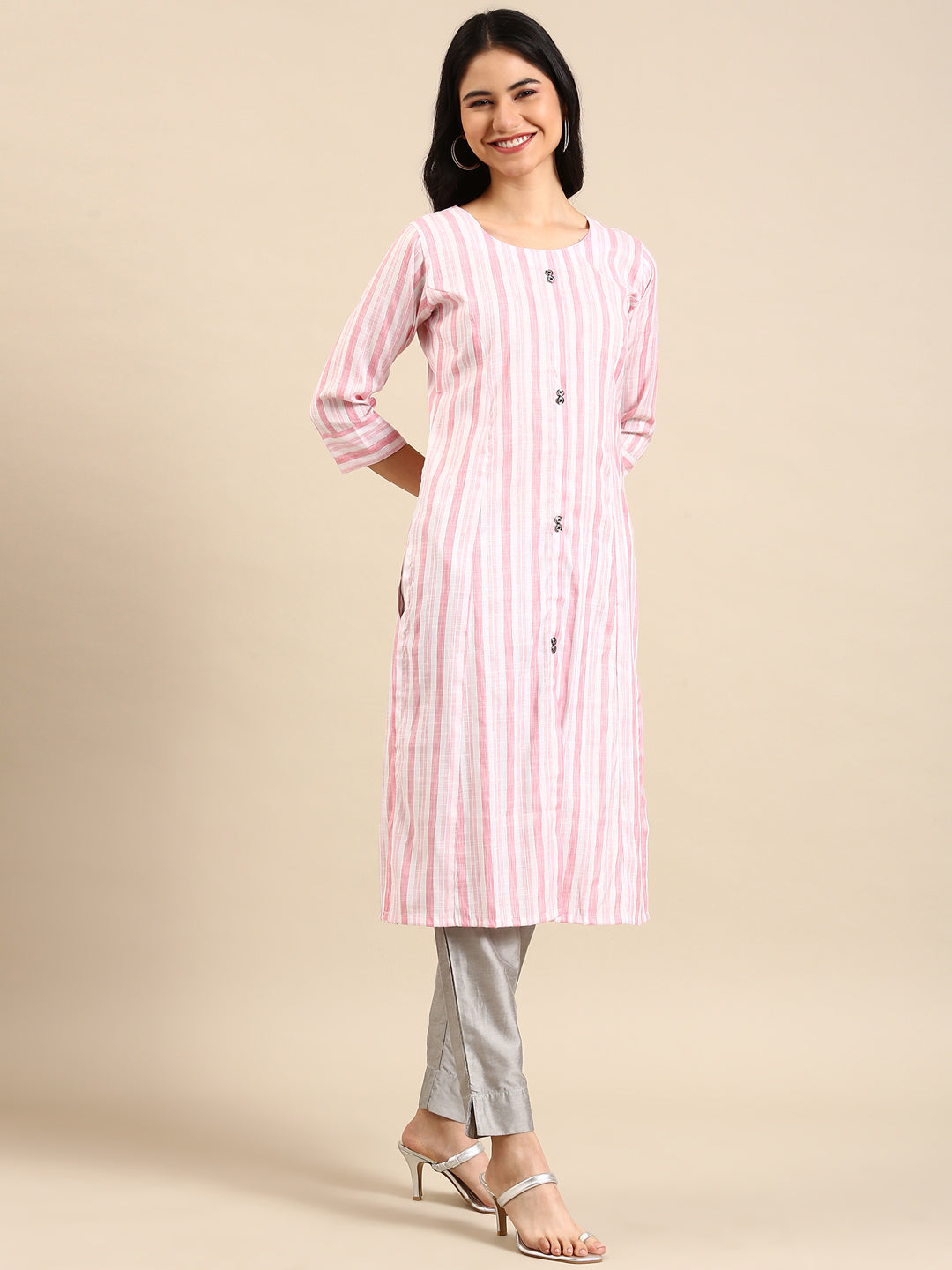 Women's Pink Striped Straight Kurta