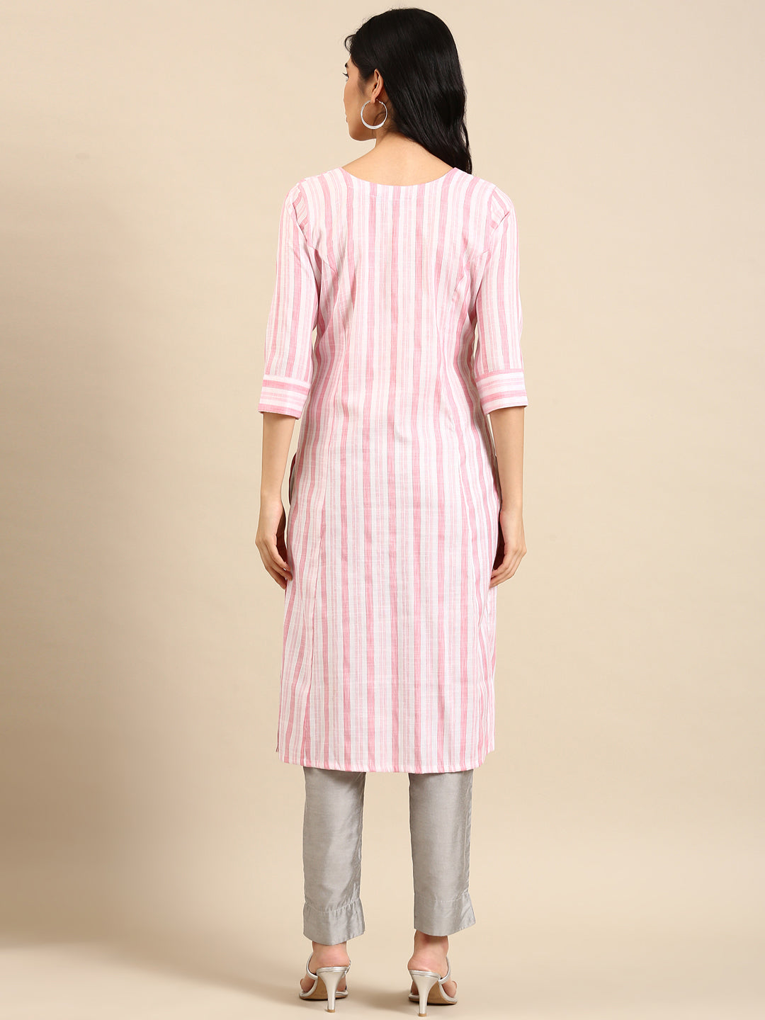 Women's Pink Striped Straight Kurta