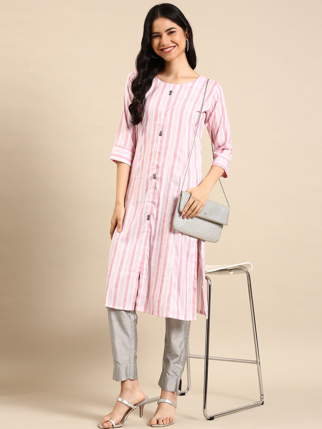 Women's Pink Striped Straight Kurta