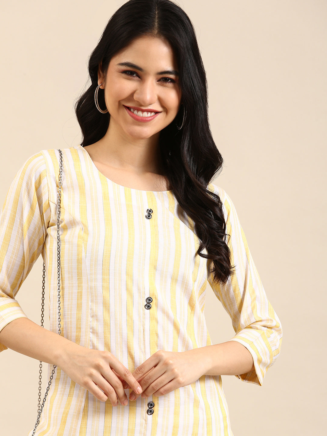 Women's Yellow Striped Straight Kurta