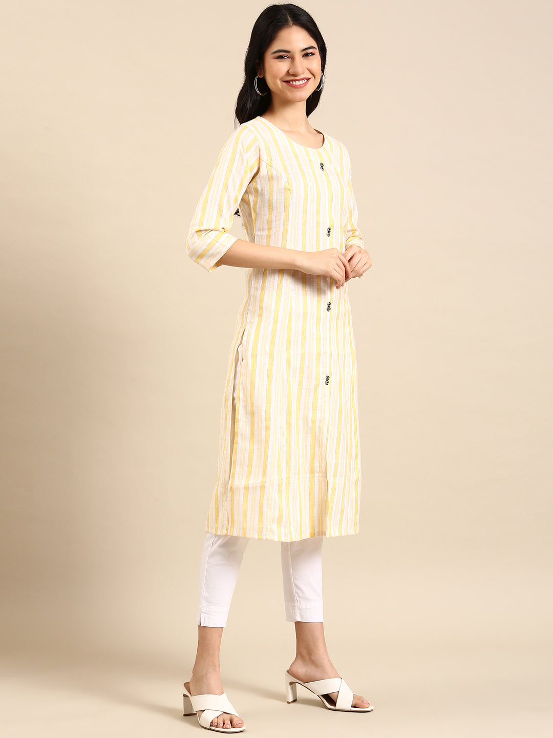 Women's Yellow Striped Straight Kurta