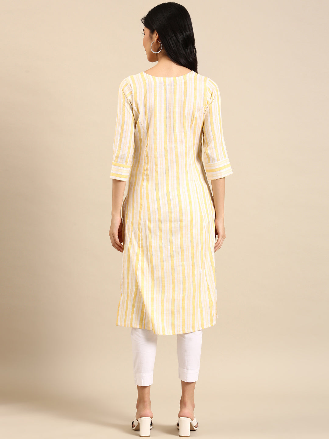 Women's Yellow Striped Straight Kurta