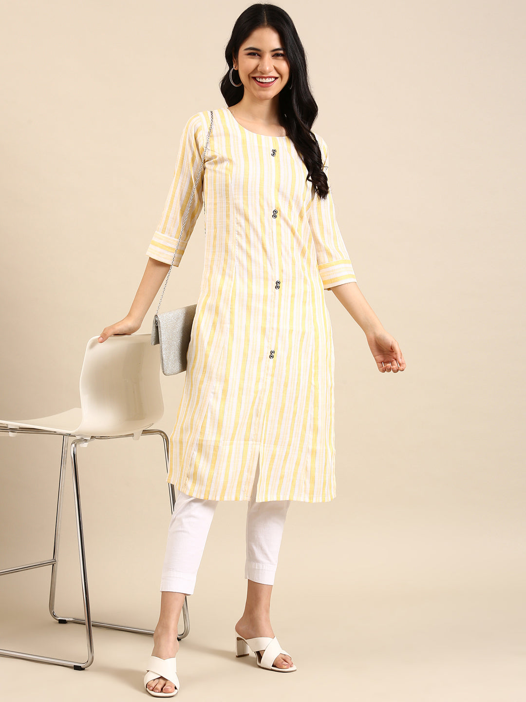 Women's Yellow Striped Straight Kurta